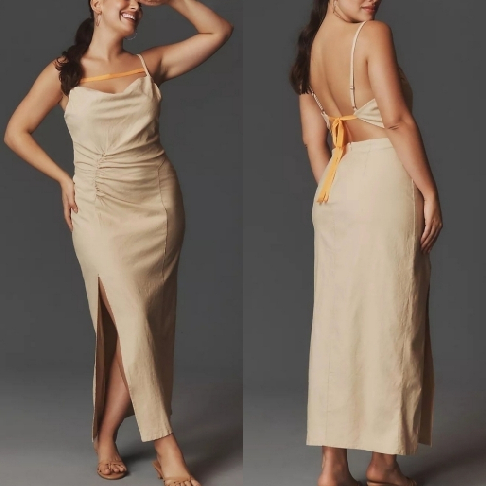 Anthropologie Ruched Slim Midi Dress Khaki Orange Tie Back NWT